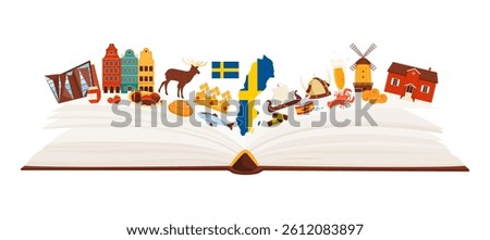 The image depicts an open book showcasing iconic Swedish elements like beautiful buildings, nature scenes, and cultural symbols in a colorful vector illustration reflecting Swedens essence