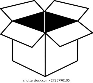 La Imagen representa una caja de cartón abierta y vacía con un esquema de colores en blanco y negro. La caja se muestra en una perspectiva tridimensional, con sus solapas abiertas y extendiéndose hacia afuera. El interior de la caja es negro, mientras que el exterior es blanco, creando un contraste llamativo. La caja parece estar vacía, a la espera de ser llenada con elementos. El diseño general es simple y geométrico, 