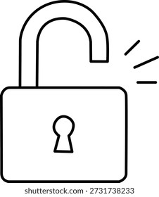 The image depicts an open padlock with a keyhole visible. The shackle of the padlock is raised, indicating that it is unlocked. There is a small burst of lines to the right of the padlock, suggesting a sense of release or freedom.