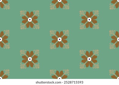 L'Image représente un motif de fleurs marron foncé sur fond vert clair. Les fleurs ont des formes complexes et détaillées, créant une atmosphère luxueuse et classique.
 
