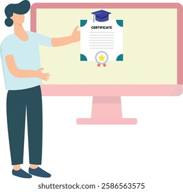 The image depicts a person standing next to a large computer screen, holding up a certificate. The certificate features a graduation cap at the top and an award ribbon with a star at the bottom.