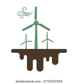 Das Bild zeigt eine Plattform, auf der drei Windräder stehen. Die Plattform scheint schwimmend oder von einer nicht vollständig sichtbaren Struktur unterstützt zu sein. Über den Turbinen befindet sich ein stilisierter Windstrahl