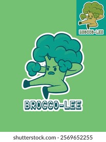 The image depicts a playful broccoli character in a martial arts pose, named "BROCCO-LEE," wearing boxing gloves and performing a high kick. Humorous illustration combines broccoli with martial art