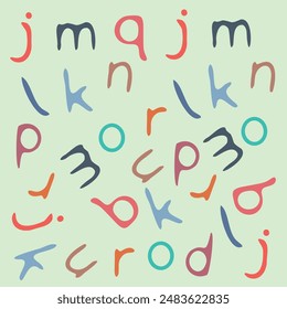 The image depicts a playful and colorful arrangement of alphabet letters on a beige background. Each letter is uniquely colored in vibrant hues, creating a lively and cheerful pattern. 