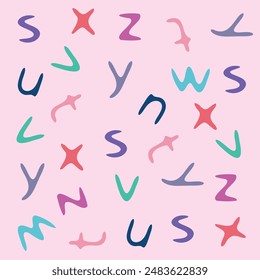 The image depicts a playful and colorful arrangement of alphabet letters on a beige background. Each letter is uniquely colored in vibrant hues, creating a lively and cheerful pattern. 