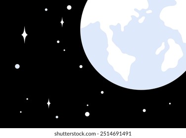 La Imagen representa una porción de la Tierra en un vasto fondo del espacio negro, acompañado por múltiples estrellas y puntos que representan cuerpos celestes. Temas: Espacio, Tierra, Astronomía, Cielo nocturno, Universo.