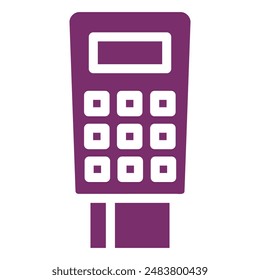 The image depicts a purple POS terminal with a credit card inserted. It has a keypad with numbers and a display screen. It's a common tool used for accepting payments in retail stores.