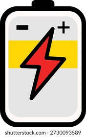 The image depicts a rectangular battery with a prominent lightning bolt symbol in the center. The battery has a yellow top section and a white bottom section. A negative sign is on the left side, and a positive sign is on the right side of the yellow section. The battery is outlined in black, giving it a distinct and clear appearance.