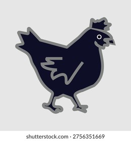 The image depicts a rooster with a minimalist design. The rooster is predominantly dark-colored with a white zigzag pattern on its side. It is standing upright on two legs with a small crown on its head, giving it a regal appearance. The rooster has a simple, stylized face with a beak and a single eye, and its tail feathers are slightly raised.