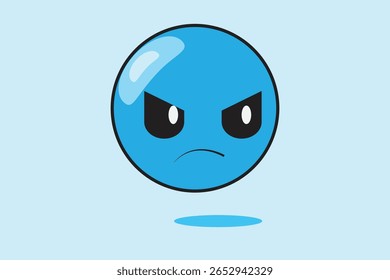The image depicts a round, blue emoticon with an angry or irritated expression. The emoticon has sharply slanted eyebrows and black eyes that stare straight ahead, giving it a serious and angry impres
