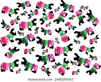 The image depicts a scattered pattern of stylized hippos on a white background. Each hippo is formed from the word HIPPO in various colors pink, green, purple 