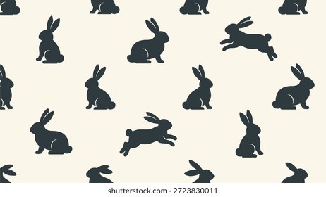 Das Bild zeigt ein nahtloses Muster aus silhoutierten Kaninchen auf cremefarbenem Hintergrund. Die Kaninchen sind in verschiedenen Posen - sitzen, springen und stehen - und schaffen ein spielerisches und festliches Design. Der Stil ist einfach und grafisch und erinnert an eine klassische Osterästhetik.