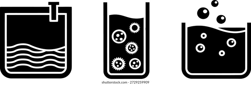 Das Bild zeigt eine Sequenz von Laborgeräten, die in wissenschaftlichen Experimenten verwendet werden. Der erste Behälter zeigt ein Becherglas mit einem Rührstab, was auf ein gerührtes Gemisch oder eine gerührte Lösung hinweist. Der zweite Behälter zeigt ein Becherglas mit Zahnrädern, was auf einen mechanischen oder chemischen Reaktionsprozess hindeutet. Der dritte Behälter zeigt ein Becherglas mit Blasen, was auf eine Gas- oder Flüssigkeitswechselwirkung hinweist.