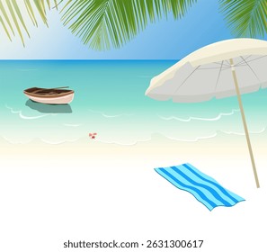 The image depicts a serene beach scene with clear sea water,towel,umbrella beach and boat