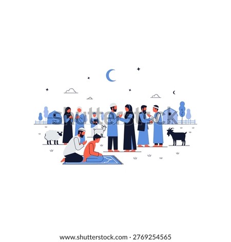 The image depicts a serene evening scene where a group of people is engaged in a communal prayer session. One person is kneeling on a prayer mat, while others stand around, dressed in traditional attire. The background features a small village with buildings and a goat grazing nearby. The sky is adorned with stars and a crescent moon, contributing to the tranquil and spiritual atmosphere of the gathering.