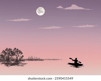 The image depicts a serene night scene featuring a person kayaking on a calm body of water under a full moon.