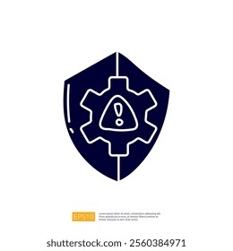 The image depicts a shield with a gear and an exclamation mark, symbolizing security and caution in technology or industry.