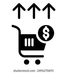 The image depicts a shopping cart with a dollar sign on top, indicating revenue, and three arrows pointing upwards, symbolizing an increase in sales.
