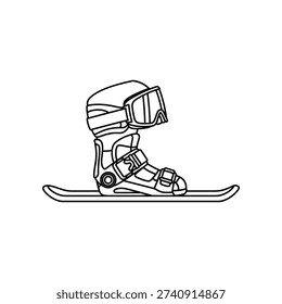 The image depicts a side view of a skier wearing a specialized protective boot attached to a single ski. The boot is secured with multiple straps, and the skier is also equipped with goggles and gloves. The ski is shown in a stationary position, likely emphasizing safety or specialized ski gear.