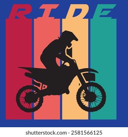 The image depicts a silhouette of a dirt bike rider positioned in front of a background with four vertical.