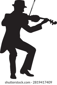 The image depicts a silhouette of a man wearing a hat and playing a fiddle. He is dressed in what appears to be a suit and is standing with one leg bent in a dancing or playing posture. The fiddle is held under his chin and he is using a bow to play it. The background of the image is white, which contrasts with the black silhouette of the man and his instrument.