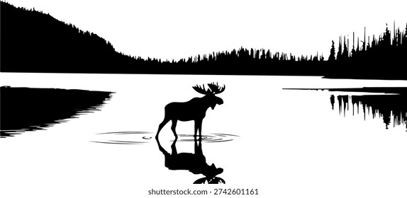 The image depicts a silhouette of a moose standing in a calm lake, with a reflection on the water's surface. The background features a dense forest and a mountain range, creating a peaceful and natural scene.