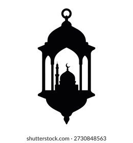 La Imagen representa una silueta de una mezquita con una cúpula y minaretes. La mezquita está enmarcada por un arco, y una luna creciente es visible sobre la cúpula. El diseño es intrincado y captura la esencia de la arquitectura islámica.