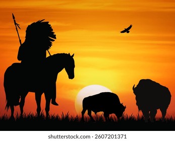The image depicts a silhouette of a Native American on horseback with buffaloes at sunset. 