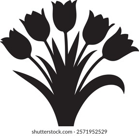 The image depicts a silhouette of a tulip bouquet with multiple flowers, elegant stems, and leaves arranged symmetrically.