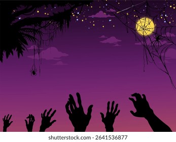 The image depicts a silhouette of zombie hands reaching upwards against a purple sky, with a spider hanging from a tree branch. This imagery is often associated with Halloween or horror themes