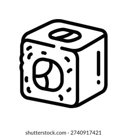 The image depicts a simple, abstract geometric design featuring a cube with a distinct outline. The cube has three visible faces, each containing a unique cutout: one face has a circular cutout, another features a rectangular cutout, and the third face has a smaller circular pattern. The edges are emphasized with dotted lines, giving it a light, sketch-like appearance.