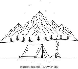 The image depicts a simple black line drawing of a tent pitched in front of a mountain range, with trees lining the horizon and smoke rising from a campfire.