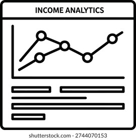 The image depicts a simple black line drawing of a document with a line graph on it, titled 'Income Analytics'. The graph shows a fluctuating trend over several data points, with an overall upward trajectory. The document has several horizontal lines below the graph, likely representing text or data fields.