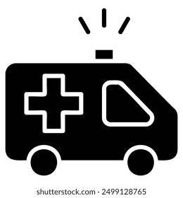 The image depicts a simple, black and white icon of an ambulance. The ambulance is shown in a side view, with the red cross prominently displayed on the side.