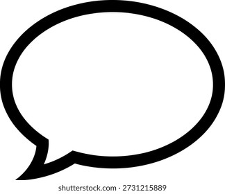 The image depicts a simple, black and white speech bubble. The speech bubble is an oval shape with a small tail extending from its lower left side. It is a common symbol used to represent dialogue or communication in various contexts.