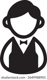 
The image depicts a simple, black-and-white vector illustration of a waiter or service staff member. The figure is stylized with a minimalist design, featuring a head with short hair, a bow tie, and 