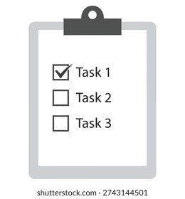 The image depicts a simple digital illustration of a clipboard with a white sheet containing a checklist. The checklist has three tasks, with the first task marked as completed and the other two remaining unchecked.