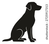 The image depicts a simple and elegant black silhouette of a dog sitting upright. The dog appears to be attentive and well-proportioned, with a clear outline of its head, ears, body, and legs. The silhouette style gives it a minimalistic yet striking appearance.