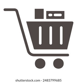 The image depicts a simple, flat icon of a shopping cart with three items inside. The cart is gray and has a handle, wheels, and a basket. The items are represented by rectangular shapes.