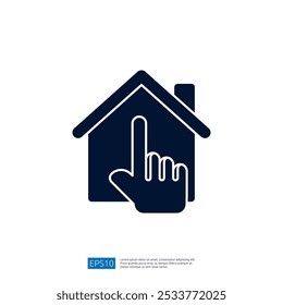 The image depicts a simple graphic of a house with a hand pointing towards it, symbolizing interaction or selection related to home or real estate.