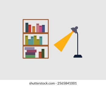 The image depicts a simple illustration of a bookshelf and a lamp against a light gray background