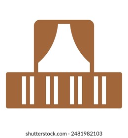 The image depicts a simple illustration of a stage with curtains. It's a basic representation of a theatrical setting, emphasizing the curtain and the stage floor.