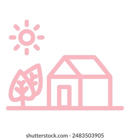 The image depicts a simple line drawing of a house with a tree and the sun in the background. The image is drawn in pink and appears to be a stylized representation of a home.
