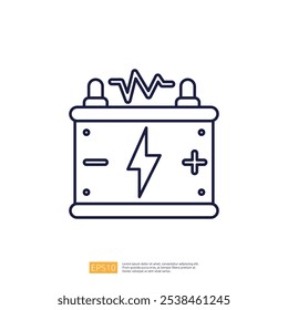 The image depicts a simple line drawing of a battery, featuring positive and negative terminals, with a lightning bolt symbolizing energy flow and a waveform above it.