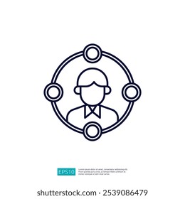 The image depicts a simple line drawing of a person surrounded by interconnected circles, symbolizing networking or social connections.