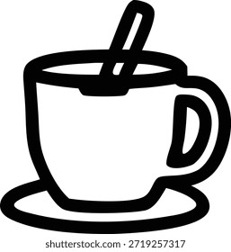 A imagem mostra um simples desenho em linha de uma xícara de café com um agitador dentro dela. A xícara é colocada em um pires e tem uma alça em seu lado direito. O agitador é colocado na diagonal do copo.