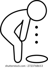 Das Bild zeigt eine einfache Strichzeichnung einer Person, die sich umbiegt, um ein Objekt vom Boden aufzunehmen. Die Person ist in einem minimalistischen Stil mit einem großen kreisförmigen Kopf und einem einfachen Körperumriss dargestellt. Das Objekt scheint ein kleines, rundes Objekt zu sein, das auf dem Boden vor der Person platziert wird.