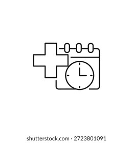 The image depicts a simple line drawing that combines a medical cross symbol with a clock. The medical cross is positioned on the left side, while the clock is on the right. The clock has a minimalist design with a single hand pointing to the hour mark.
