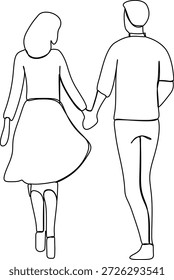A imagem retrata um simples desenho em linha de um casal andando de mãos dadas. A mulher está usando um vestido e saltos, enquanto o homem está vestido com uma camisa e calças. Eles estão se afastando do espectador, dando uma sensação de união e companheirismo.