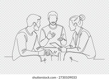 La Imagen representa un simple dibujo lineal de tres individuos sentados juntos, involucrados en una discusión. La figura central está gesticulando con sus manos como si explicara algo a los demás. El fondo es un sutil patrón a cuadros grises y blancos, lo que sugiere un contexto transparente o superpuesto.